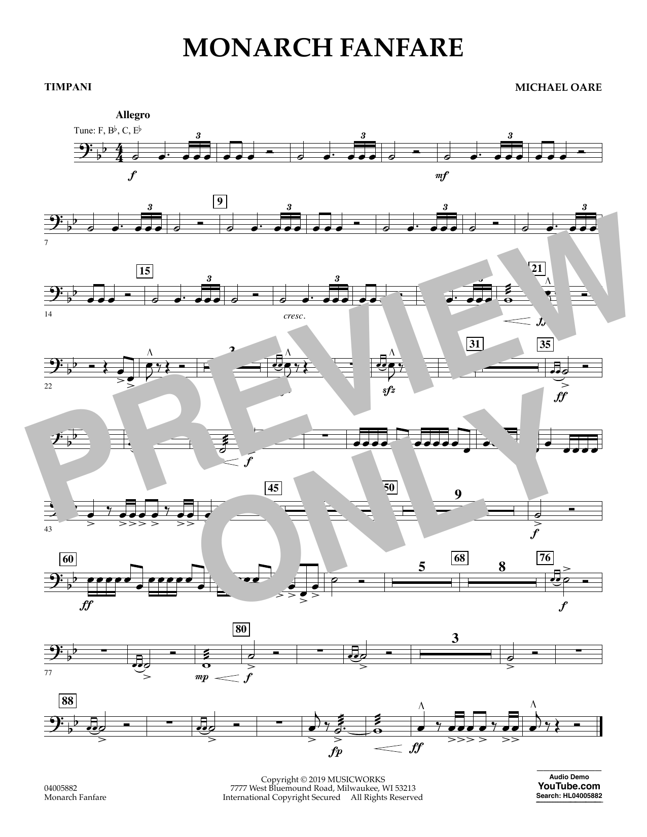 Learn to play Michael Oare Monarch Fanfare - Timpani sheet music for Concert Band in minutes. Michael Oare Monarch Fanfare - Timpani sheet music preview music notes and score for Concert Band including 1 page(s)