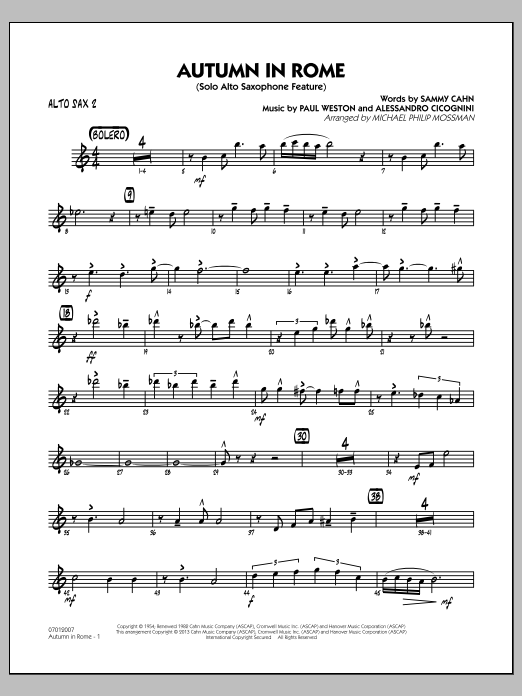 Learn to play Michael Philip Mossman Autumn in Rome - Alto Sax 2 sheet music for Jazz Ensemble in minutes. Michael Philip Mossman Autumn in Rome - Alto Sax 2 sheet music notes and chords