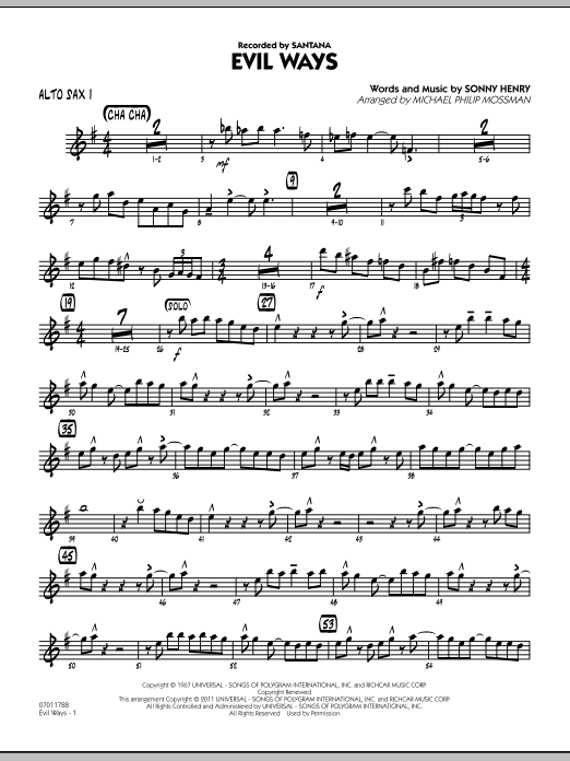 Learn to play Michael Philip Mossman Evil Ways - Alto Sax 1 sheet music for Jazz Ensemble in minutes. Michael Philip Mossman Evil Ways - Alto Sax 1 sheet music preview music notes and score for Jazz Ensemble including 3 page(s)