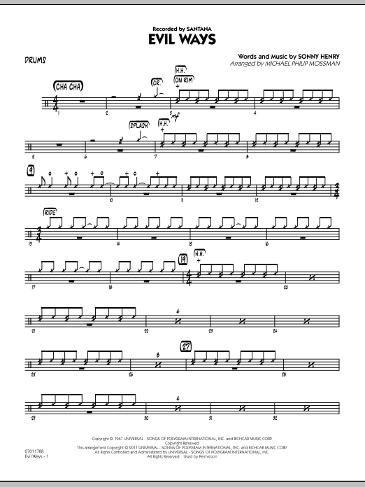 Learn to play Michael Philip Mossman Evil Ways - Drums sheet music for Jazz Ensemble in minutes. Michael Philip Mossman Evil Ways - Drums sheet music preview music notes and score for Jazz Ensemble including 4 page(s)