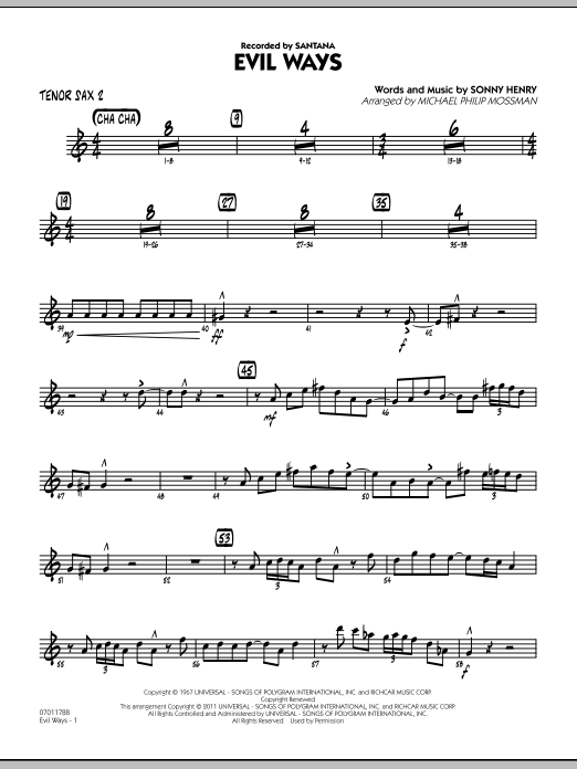 Learn to play Michael Philip Mossman Evil Ways - Tenor Sax 2 sheet music for Jazz Ensemble in minutes. Michael Philip Mossman Evil Ways - Tenor Sax 2 sheet music preview music notes and score for Jazz Ensemble including 3 page(s)