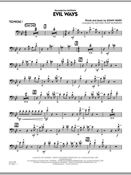 Learn to play Michael Philip Mossman Evil Ways - Trombone 1 sheet music for Jazz Ensemble in minutes. Michael Philip Mossman Evil Ways - Trombone 1 sheet music preview music notes and score for Jazz Ensemble including 3 page(s)