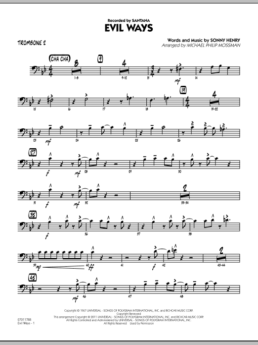 Learn to play Michael Philip Mossman Evil Ways - Trombone 2 sheet music for Jazz Ensemble in minutes. Michael Philip Mossman Evil Ways - Trombone 2 sheet music preview music notes and score for Jazz Ensemble including 3 page(s)