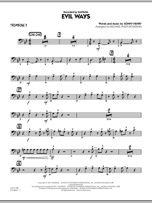 Learn to play Michael Philip Mossman Evil Ways - Trombone 3 sheet music for Jazz Ensemble in minutes. Michael Philip Mossman Evil Ways - Trombone 3 sheet music preview music notes and score for Jazz Ensemble including 3 page(s)