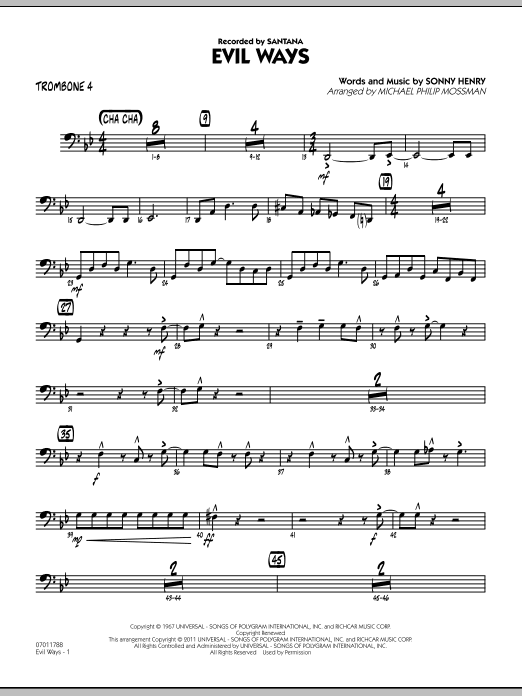 Learn to play Michael Philip Mossman Evil Ways - Trombone 4 sheet music for Jazz Ensemble in minutes. Michael Philip Mossman Evil Ways - Trombone 4 sheet music preview music notes and score for Jazz Ensemble including 3 page(s)