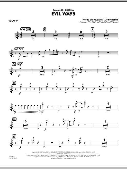 Learn to play Michael Philip Mossman Evil Ways - Trumpet 1 sheet music for Jazz Ensemble in minutes. Michael Philip Mossman Evil Ways - Trumpet 1 sheet music preview music notes and score for Jazz Ensemble including 3 page(s)