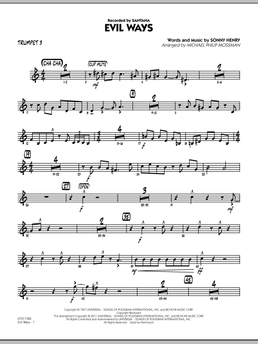 Learn to play Michael Philip Mossman Evil Ways - Trumpet 3 sheet music for Jazz Ensemble in minutes. Michael Philip Mossman Evil Ways - Trumpet 3 sheet music preview music notes and score for Jazz Ensemble including 3 page(s)
