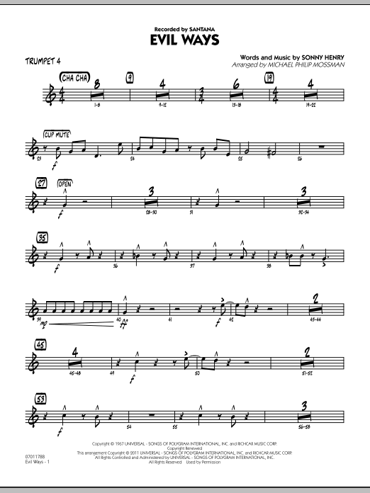 Learn to play Michael Philip Mossman Evil Ways - Trumpet 4 sheet music for Jazz Ensemble in minutes. Michael Philip Mossman Evil Ways - Trumpet 4 sheet music preview music notes and score for Jazz Ensemble including 3 page(s)