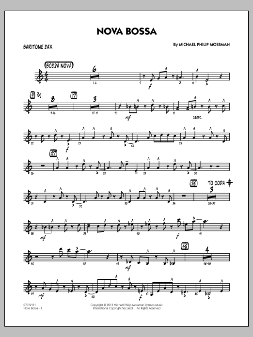 Learn to play Michael Philip Mossman Nova Bossa - Baritone Sax sheet music for Jazz Ensemble in minutes. Michael Philip Mossman Nova Bossa - Baritone Sax sheet music notes and chords