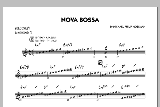 Learn to play Michael Philip Mossman Nova Bossa - Eb Solo Sheet sheet music for Jazz Ensemble in minutes. Michael Philip Mossman Nova Bossa - Eb Solo Sheet sheet music notes and chords
