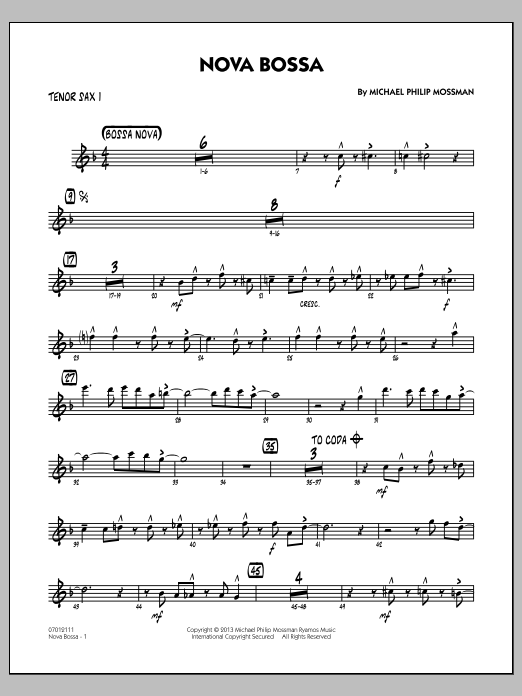 Learn to play Michael Philip Mossman Nova Bossa - Tenor Sax 1 sheet music for Jazz Ensemble in minutes. Michael Philip Mossman Nova Bossa - Tenor Sax 1 sheet music notes and chords
