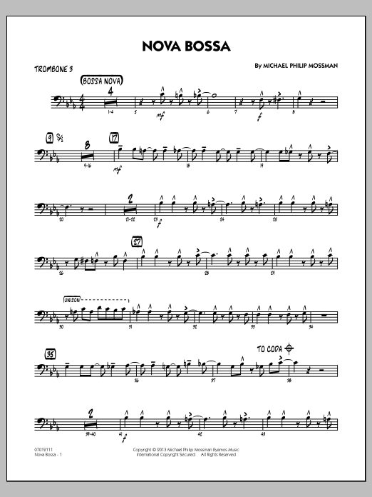 Learn to play Michael Philip Mossman Nova Bossa - Trombone 3 sheet music for Jazz Ensemble in minutes. Michael Philip Mossman Nova Bossa - Trombone 3 sheet music notes and chords