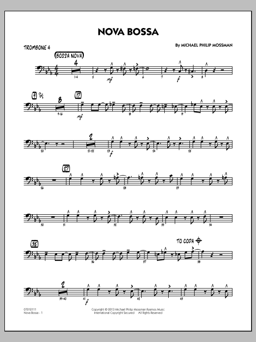 Learn to play Michael Philip Mossman Nova Bossa - Trombone 4 sheet music for Jazz Ensemble in minutes. Michael Philip Mossman Nova Bossa - Trombone 4 sheet music notes and chords