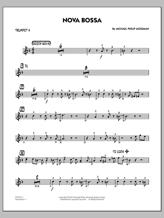 Learn to play Michael Philip Mossman Nova Bossa - Trumpet 4 sheet music for Jazz Ensemble in minutes. Michael Philip Mossman Nova Bossa - Trumpet 4 sheet music notes and chords