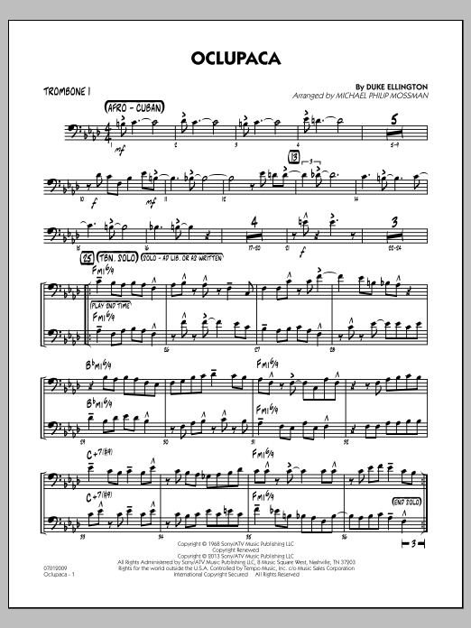 Learn to play Michael Philip Mossman Oclupaca - Trombone 1 sheet music for Jazz Ensemble in minutes. Michael Philip Mossman Oclupaca - Trombone 1 sheet music notes and chords