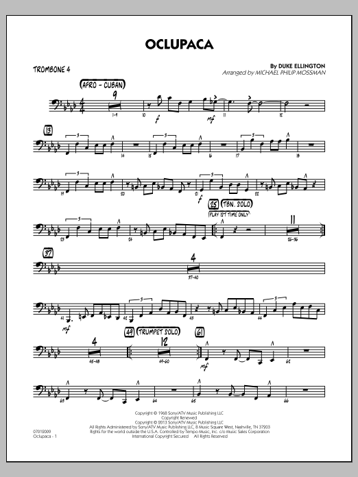 Learn to play Michael Philip Mossman Oclupaca - Trombone 4 sheet music for Jazz Ensemble in minutes. Michael Philip Mossman Oclupaca - Trombone 4 sheet music notes and chords
