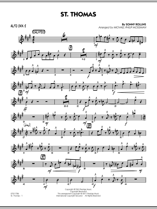 Learn to play Michael Philip Mossman St. Thomas - Alto Sax 2 sheet music for Jazz Ensemble in minutes. Michael Philip Mossman St. Thomas - Alto Sax 2 sheet music preview music notes and score for Jazz Ensemble including 3 page(s)