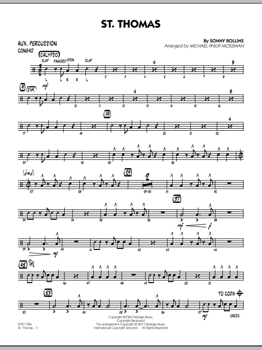 Learn to play Michael Philip Mossman St. Thomas - Aux Percussion sheet music for Jazz Ensemble in minutes. Michael Philip Mossman St. Thomas - Aux Percussion sheet music preview music notes and score for Jazz Ensemble including 2 page(s)