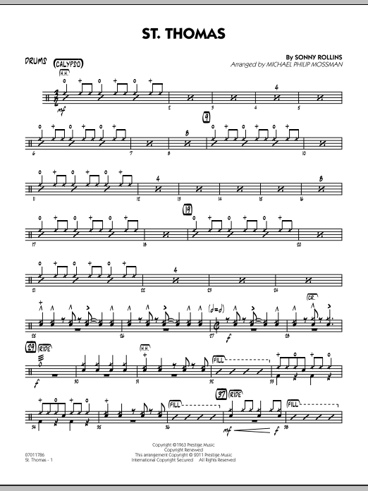 Michael Philip Mossman St. Thomas - Drums sheet music preview music notes and score for Jazz Ensemble including 3 page(s)