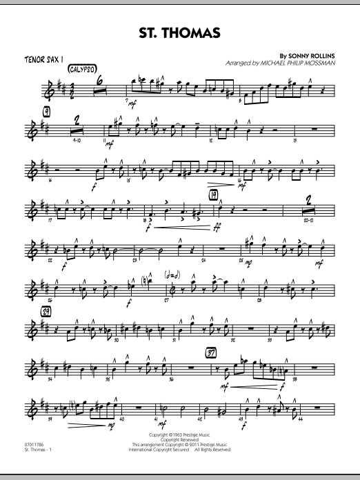 Learn to play Michael Philip Mossman St. Thomas - Tenor Sax 1 sheet music for Jazz Ensemble in minutes. Michael Philip Mossman St. Thomas - Tenor Sax 1 sheet music preview music notes and score for Jazz Ensemble including 3 page(s)