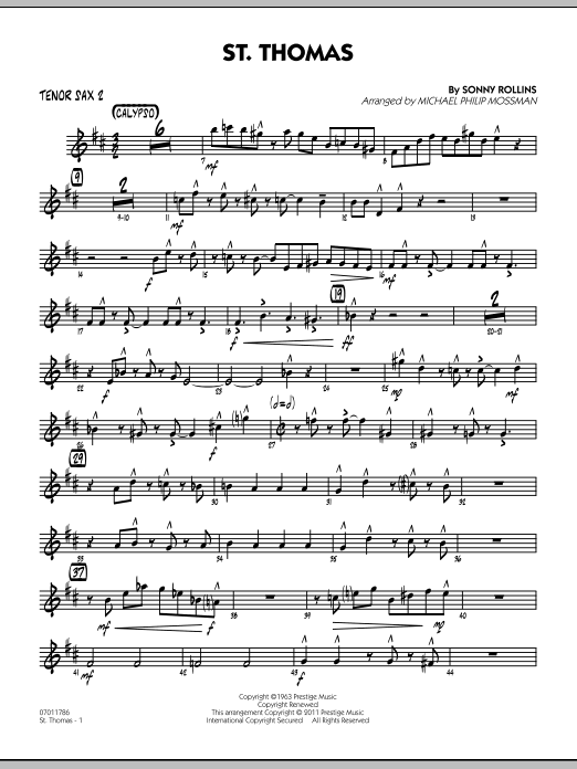 Learn to play Michael Philip Mossman St. Thomas - Tenor Sax 2 sheet music for Jazz Ensemble in minutes. Michael Philip Mossman St. Thomas - Tenor Sax 2 sheet music preview music notes and score for Jazz Ensemble including 3 page(s)