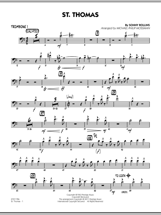 Michael Philip Mossman St. Thomas - Trombone 1 sheet music preview music notes and score for Jazz Ensemble including 2 page(s)
