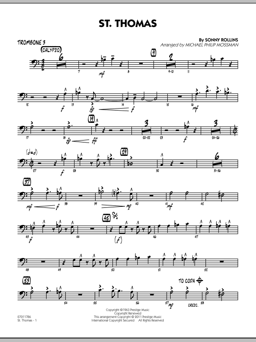 Learn to play Michael Philip Mossman St. Thomas - Trombone 3 sheet music for Jazz Ensemble in minutes. Michael Philip Mossman St. Thomas - Trombone 3 sheet music preview music notes and score for Jazz Ensemble including 2 page(s)