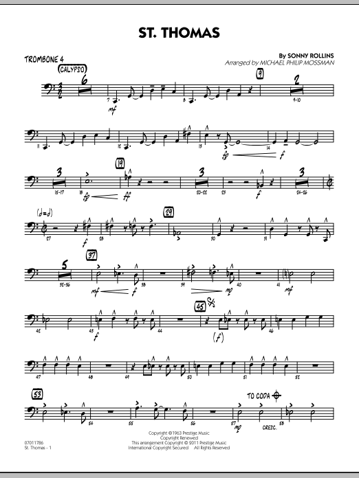 Learn to play Michael Philip Mossman St. Thomas - Trombone 4 sheet music for Jazz Ensemble in minutes. Michael Philip Mossman St. Thomas - Trombone 4 sheet music preview music notes and score for Jazz Ensemble including 2 page(s)