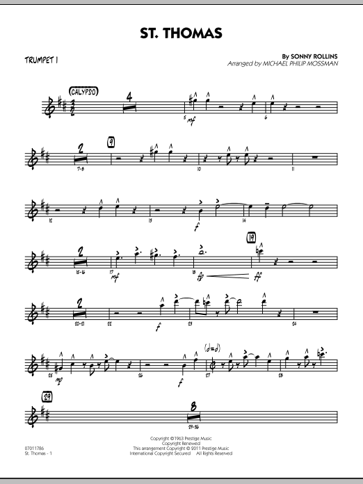 Learn to play Michael Philip Mossman St. Thomas - Trumpet 1 sheet music for Jazz Ensemble in minutes. Michael Philip Mossman St. Thomas - Trumpet 1 sheet music preview music notes and score for Jazz Ensemble including 3 page(s)