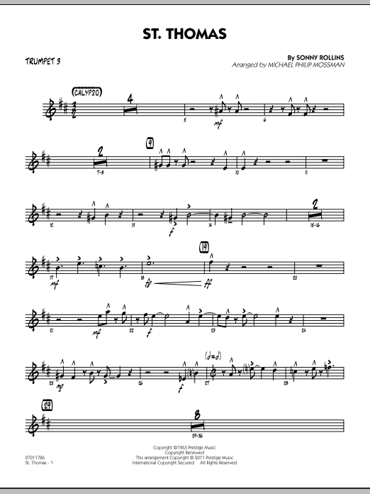 Learn to play Michael Philip Mossman St. Thomas - Trumpet 3 sheet music for Jazz Ensemble in minutes. Michael Philip Mossman St. Thomas - Trumpet 3 sheet music preview music notes and score for Jazz Ensemble including 3 page(s)