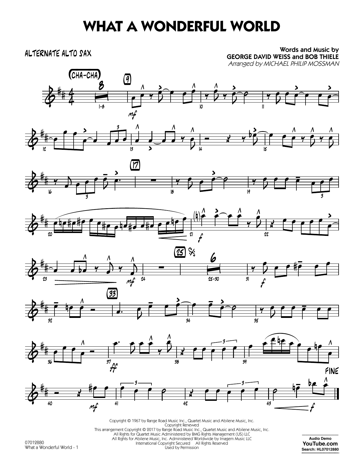 Learn to play Michael Philip Mossman What A Wonderful World Dl - Alternate Alto Sax sheet music for Jazz Ensemble in minutes. Michael Philip Mossman What A Wonderful World Dl - Alternate Alto Sax sheet music preview music notes and score for Jazz Ensemble including 2 page(s)