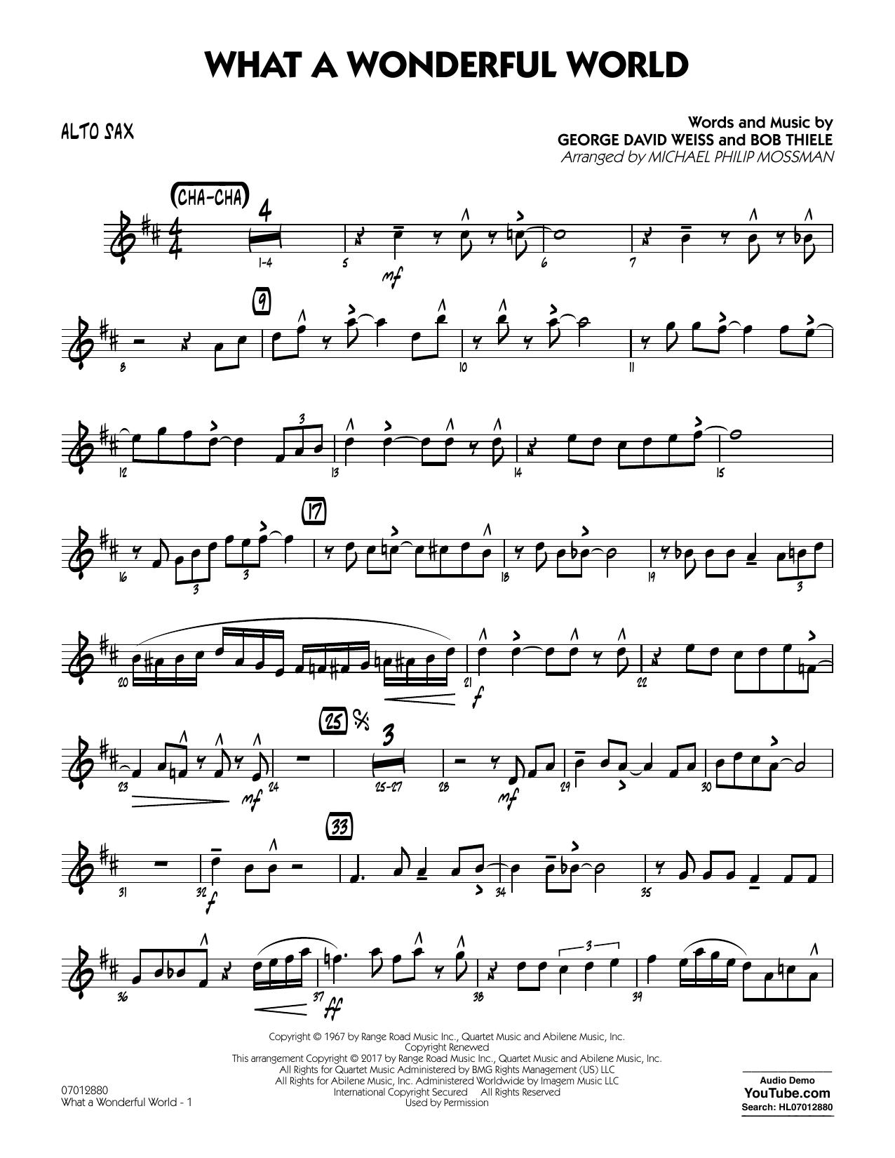 Learn to play Michael Philip Mossman What A Wonderful World Dl - Alto Sax sheet music for Jazz Ensemble in minutes. Michael Philip Mossman What A Wonderful World Dl - Alto Sax sheet music preview music notes and score for Jazz Ensemble including 2 page(s)