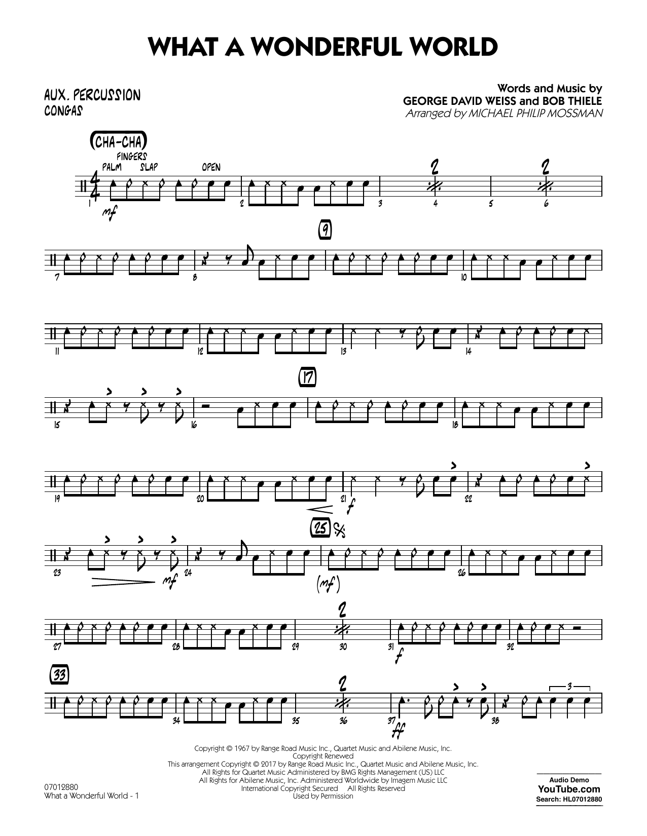 Learn to play Michael Philip Mossman What A Wonderful World Dl - Aux Percussion sheet music for Jazz Ensemble in minutes. Michael Philip Mossman What A Wonderful World Dl - Aux Percussion sheet music preview music notes and score for Jazz Ensemble including 2 page(s)