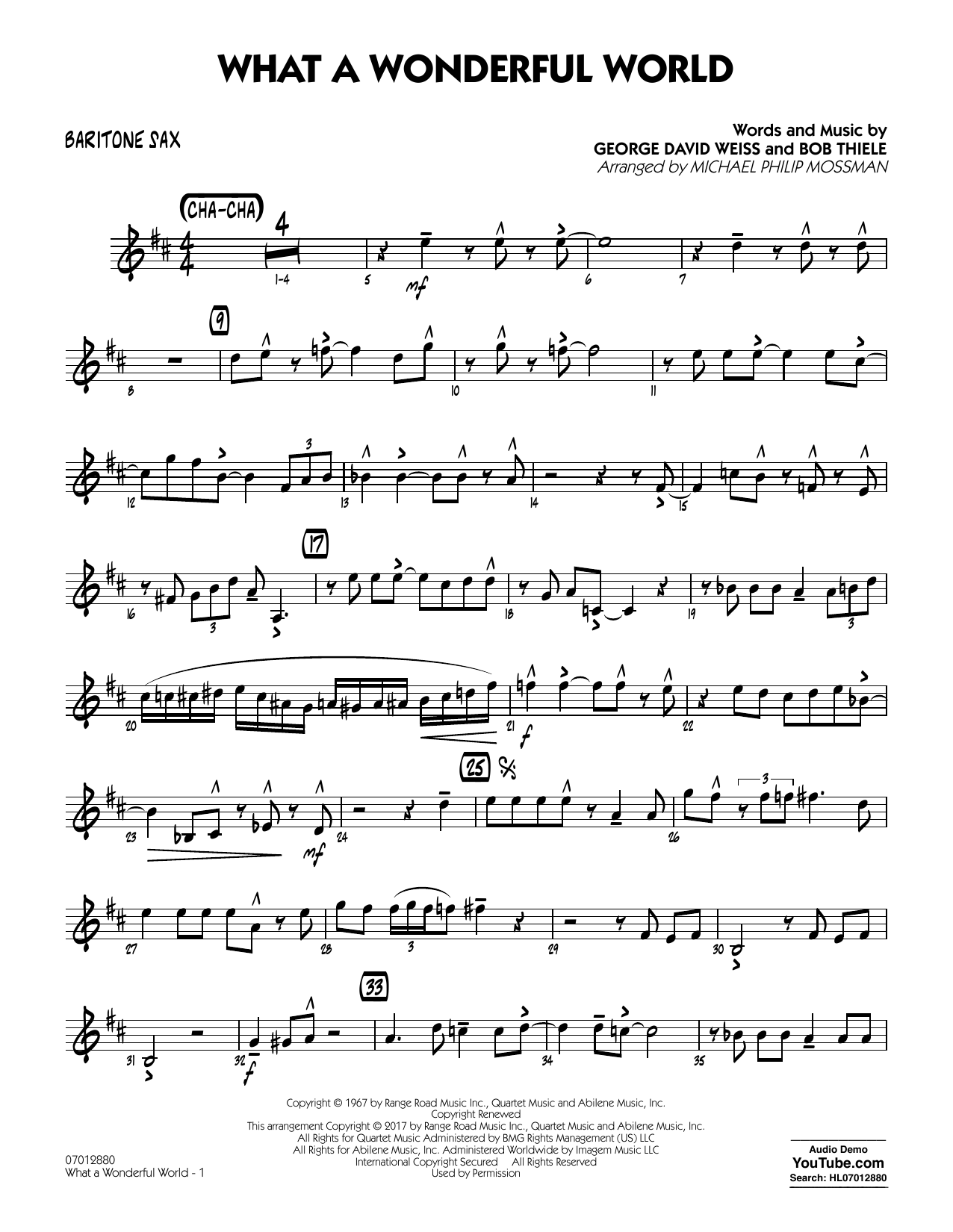 Learn to play Michael Philip Mossman What A Wonderful World Dl - Baritone Sax sheet music for Jazz Ensemble in minutes. Michael Philip Mossman What A Wonderful World Dl - Baritone Sax sheet music preview music notes and score for Jazz Ensemble including 2 page(s)