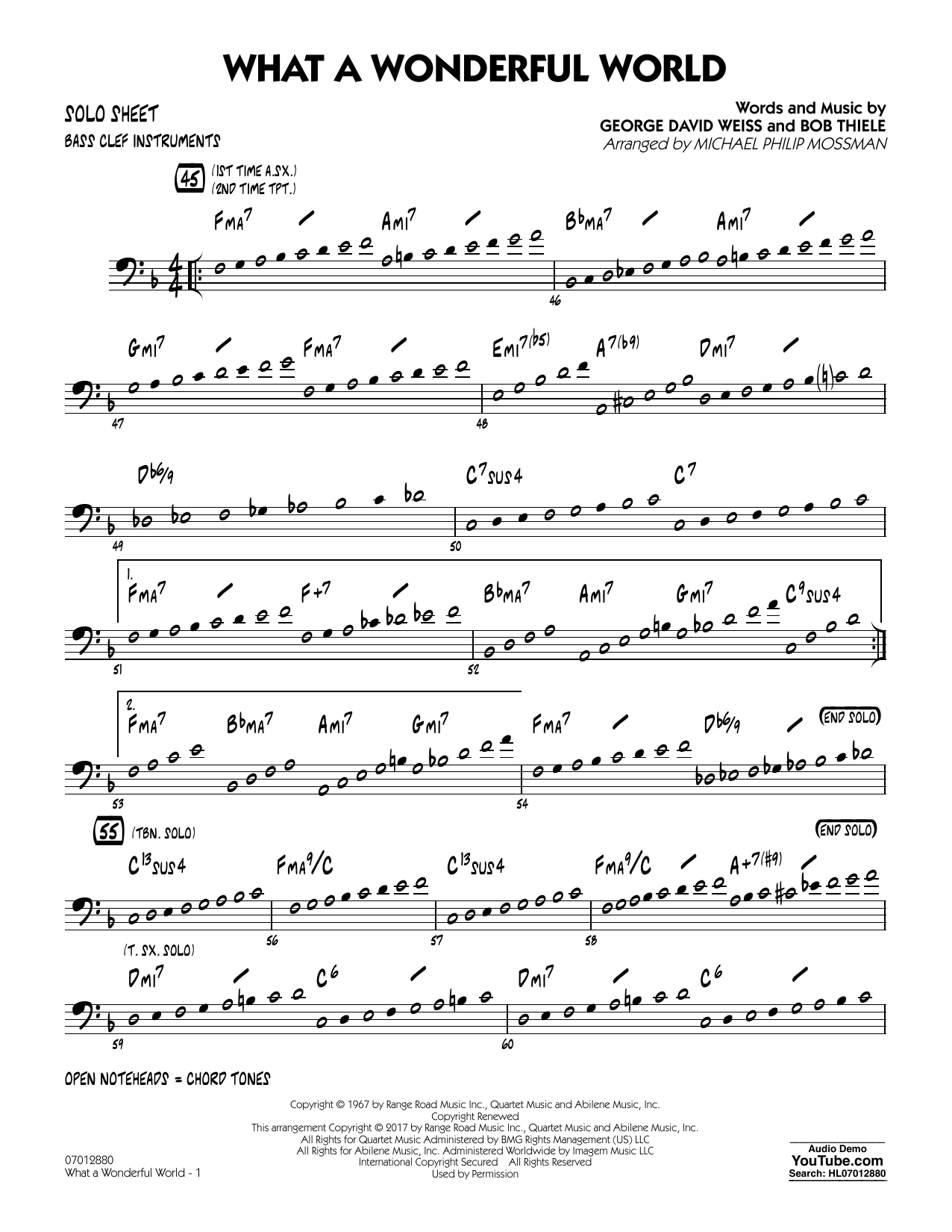 Learn to play Michael Philip Mossman What A Wonderful World Dl - Bass Clef Solo Sheet sheet music for Jazz Ensemble in minutes. Michael Philip Mossman What A Wonderful World Dl - Bass Clef Solo Sheet sheet music preview music notes and score for Jazz Ensemble including 2 page(s)