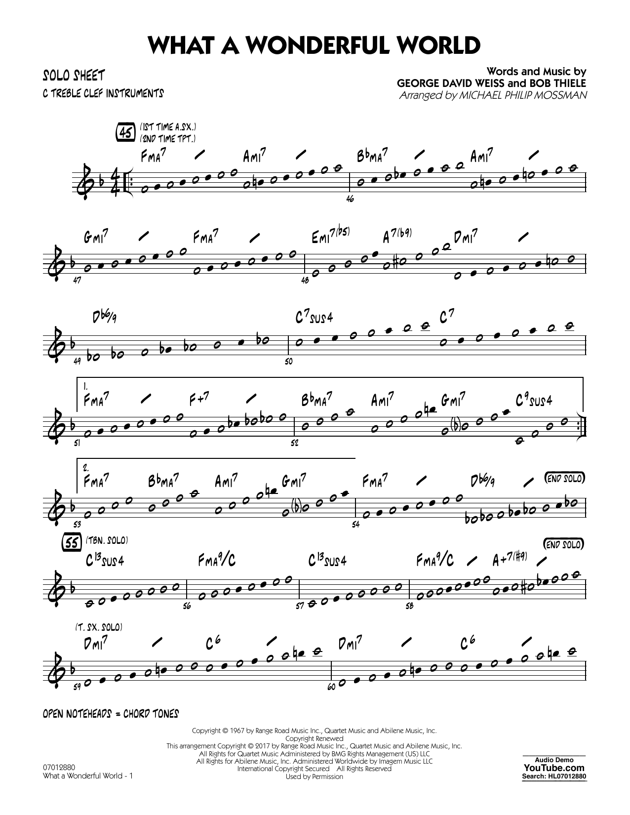 Learn to play Michael Philip Mossman What A Wonderful World Dl - C Solo Sheet sheet music for Jazz Ensemble in minutes. Michael Philip Mossman What A Wonderful World Dl - C Solo Sheet sheet music preview music notes and score for Jazz Ensemble including 2 page(s)