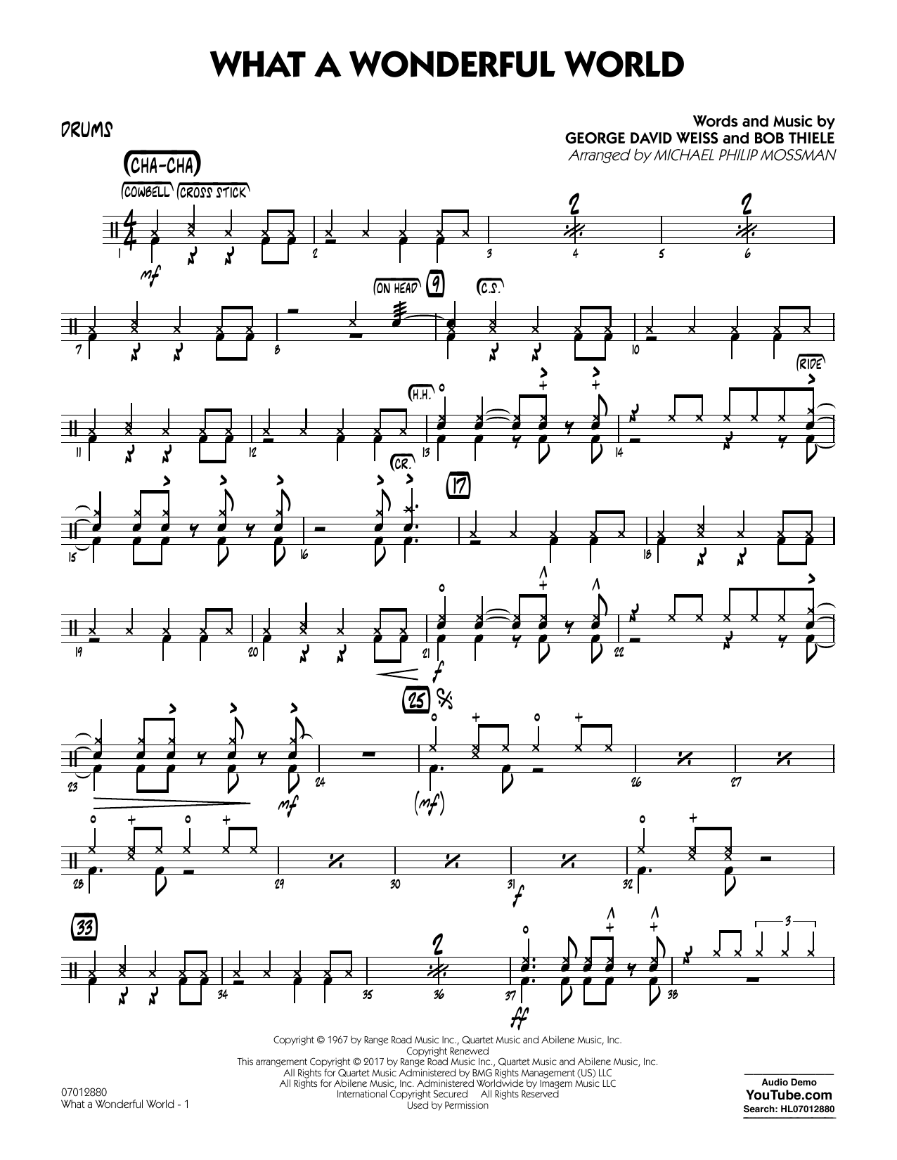 Learn to play Michael Philip Mossman What A Wonderful World Dl - Drums sheet music for Jazz Ensemble in minutes. Michael Philip Mossman What A Wonderful World Dl - Drums sheet music preview music notes and score for Jazz Ensemble including 2 page(s)