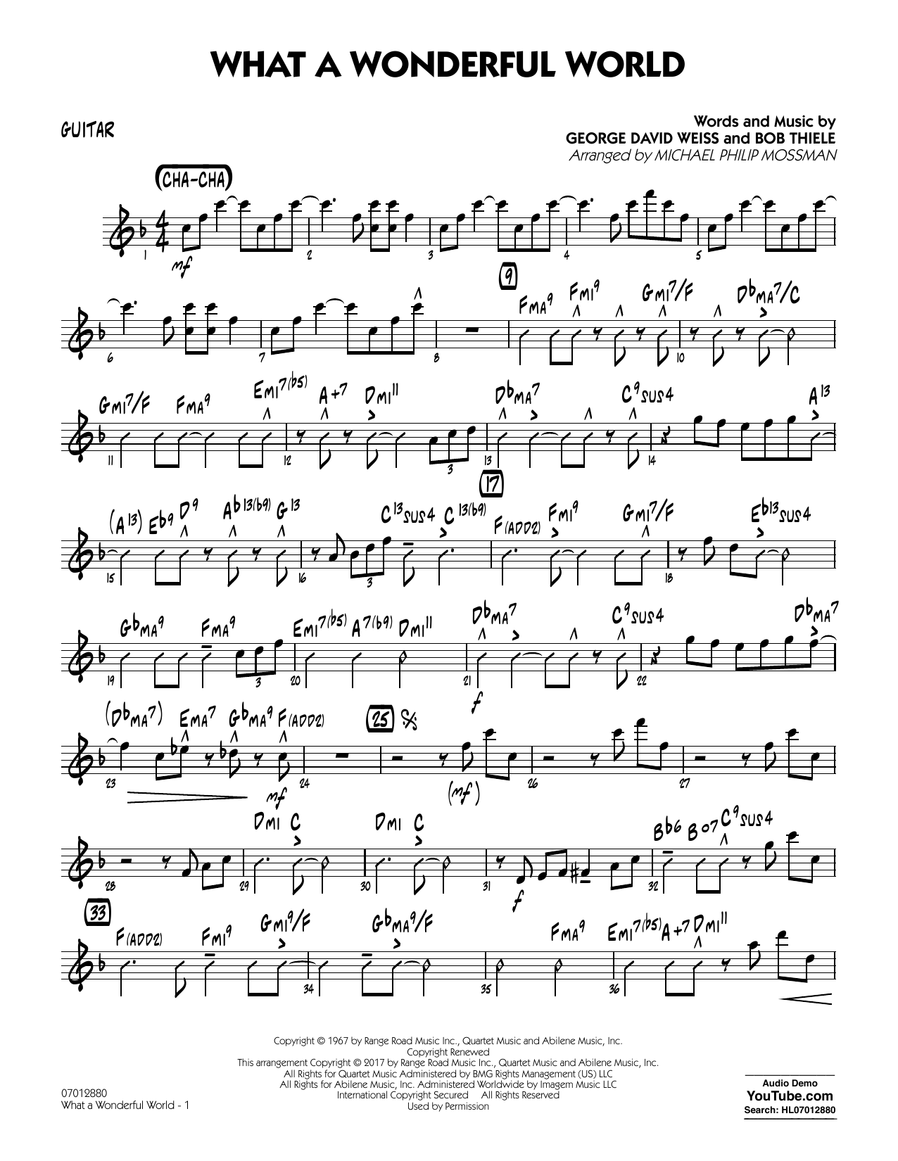 Learn to play Michael Philip Mossman What A Wonderful World Dl - Guitar sheet music for Jazz Ensemble in minutes. Michael Philip Mossman What A Wonderful World Dl - Guitar sheet music preview music notes and score for Jazz Ensemble including 2 page(s)