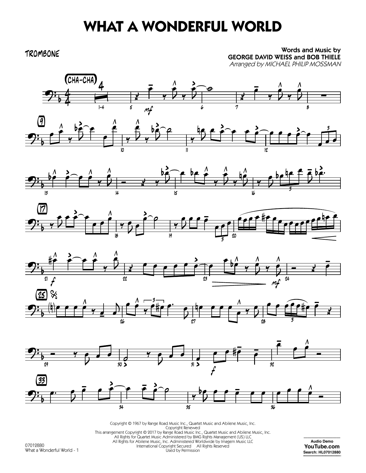 Learn to play Michael Philip Mossman What A Wonderful World Dl - Trombone sheet music for Jazz Ensemble in minutes. Michael Philip Mossman What A Wonderful World Dl - Trombone sheet music preview music notes and score for Jazz Ensemble including 2 page(s)