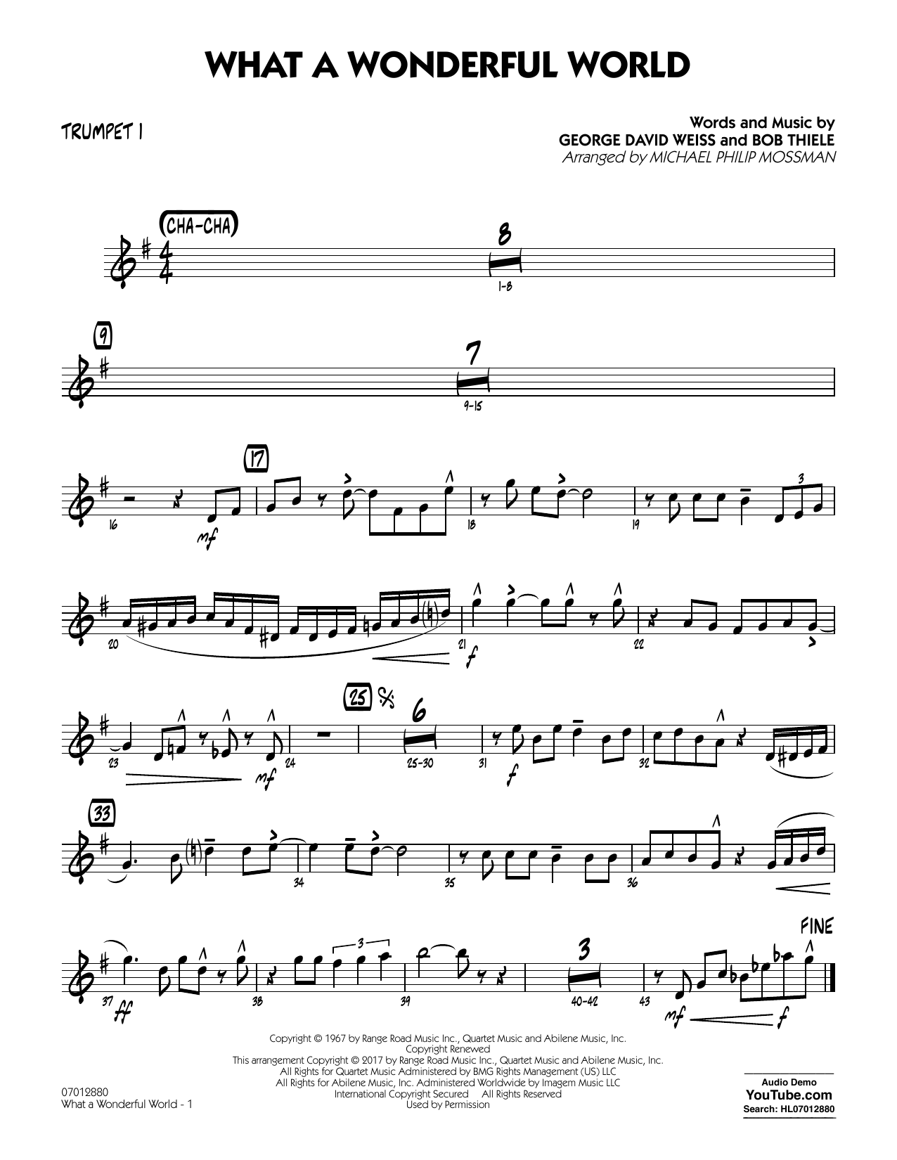Learn to play Michael Philip Mossman What A Wonderful World Dl - Trumpet 1 sheet music for Jazz Ensemble in minutes. Michael Philip Mossman What A Wonderful World Dl - Trumpet 1 sheet music preview music notes and score for Jazz Ensemble including 2 page(s)