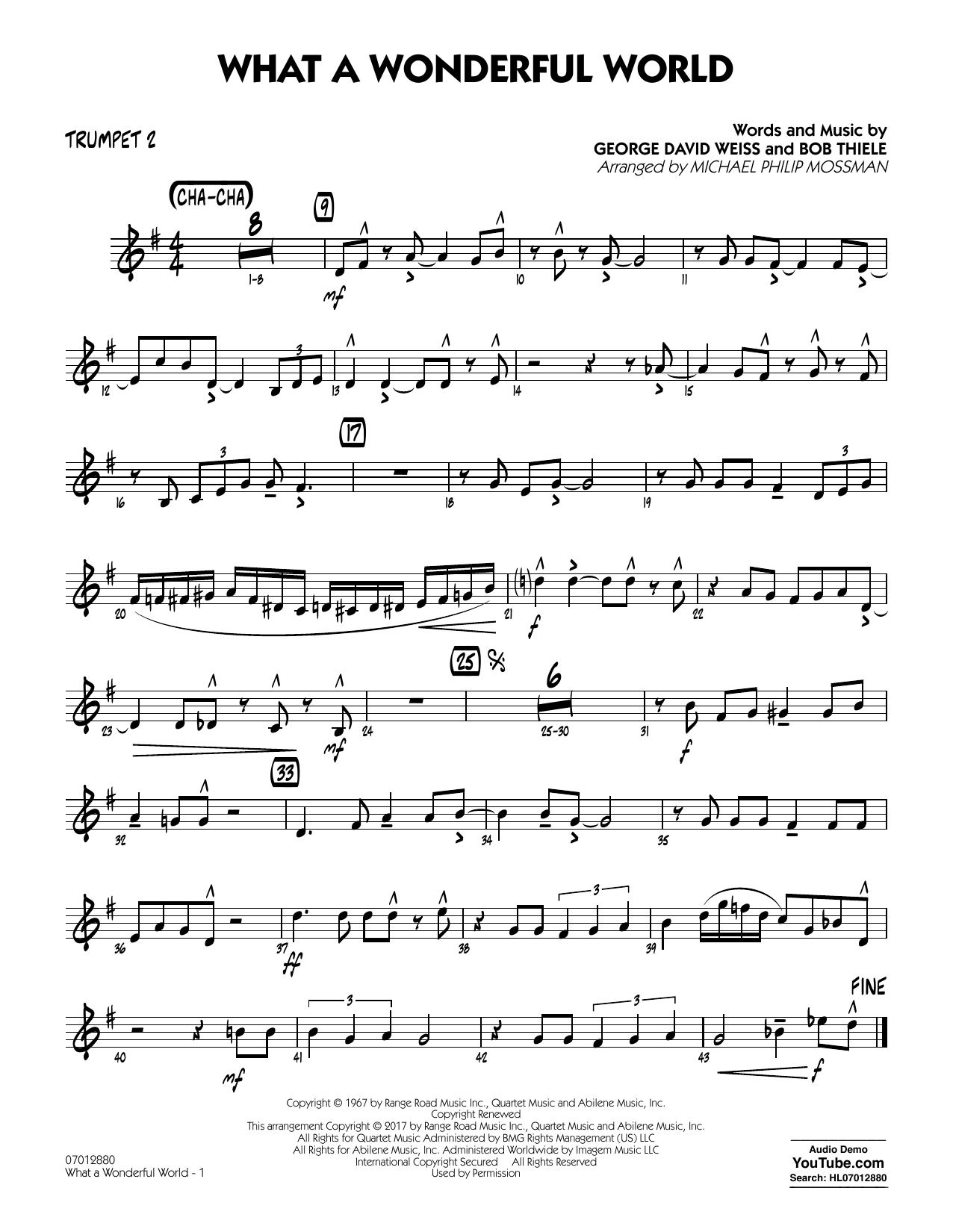 Learn to play Michael Philip Mossman What A Wonderful World Dl - Trumpet 2 sheet music for Jazz Ensemble in minutes. Michael Philip Mossman What A Wonderful World Dl - Trumpet 2 sheet music preview music notes and score for Jazz Ensemble including 2 page(s)