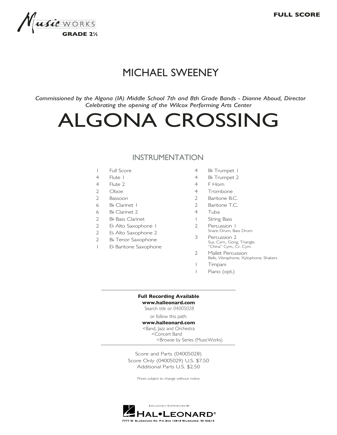 Learn to play Michael Sweeney Algona Crossing - Full Score sheet music for Concert Band in minutes. Michael Sweeney Algona Crossing - Full Score sheet music preview music notes and score for Concert Band including 31 page(s)