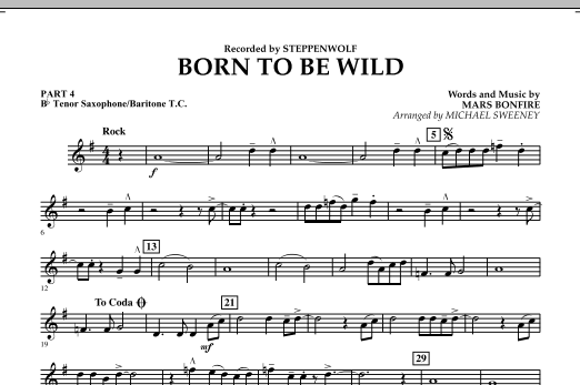 Learn to play Michael Sweeney Born to Be Wild - Pt.4 - Bb Tenor Sax/Bar. T.C. sheet music for Concert Band in minutes. Michael Sweeney Born to Be Wild - Pt.4 - Bb Tenor Sax/Bar. T.C. sheet music notes and chords