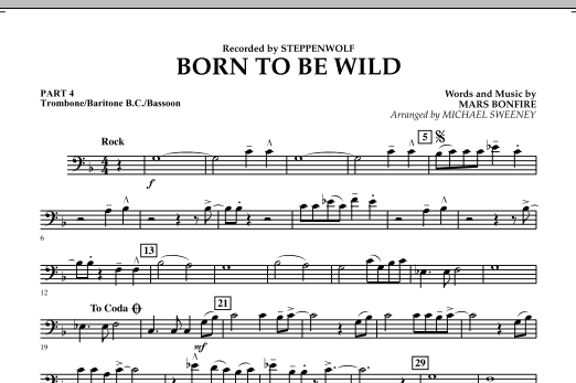 Learn to play Michael Sweeney Born to Be Wild - Pt.4 - Trombone/Bar. B.C./Bsn. sheet music for Concert Band in minutes. Michael Sweeney Born to Be Wild - Pt.4 - Trombone/Bar. B.C./Bsn. sheet music notes and chords