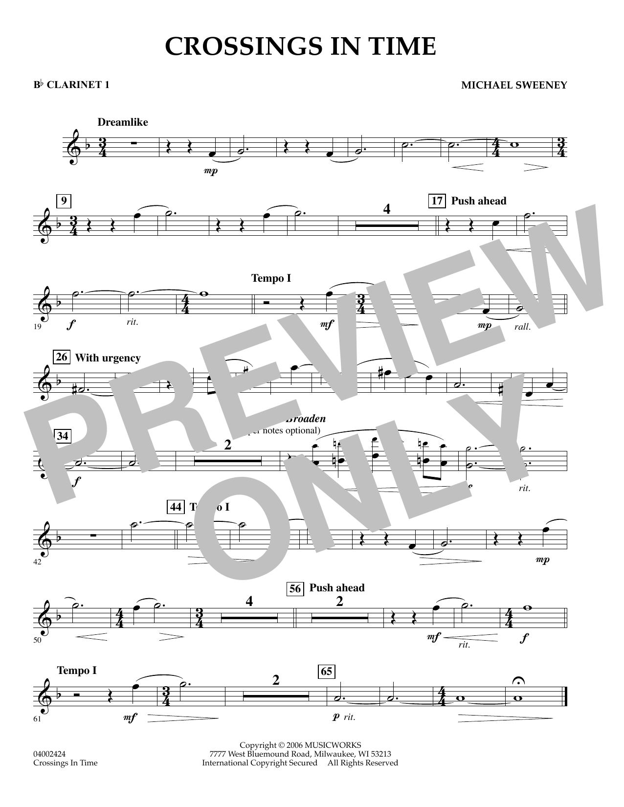 Learn to play Michael Sweeney Crossings In Time - Bb Clarinet 1 sheet music for Concert Band in minutes. Michael Sweeney Crossings In Time - Bb Clarinet 1 sheet music preview music notes and score for Concert Band including 1 page(s)