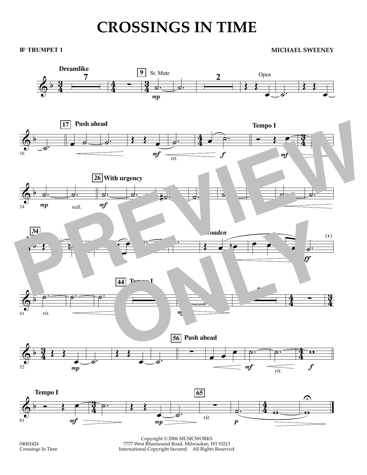 Learn to play Michael Sweeney Crossings In Time - Bb Trumpet 1 sheet music for Concert Band in minutes. Michael Sweeney Crossings In Time - Bb Trumpet 1 sheet music preview music notes and score for Concert Band including 1 page(s)