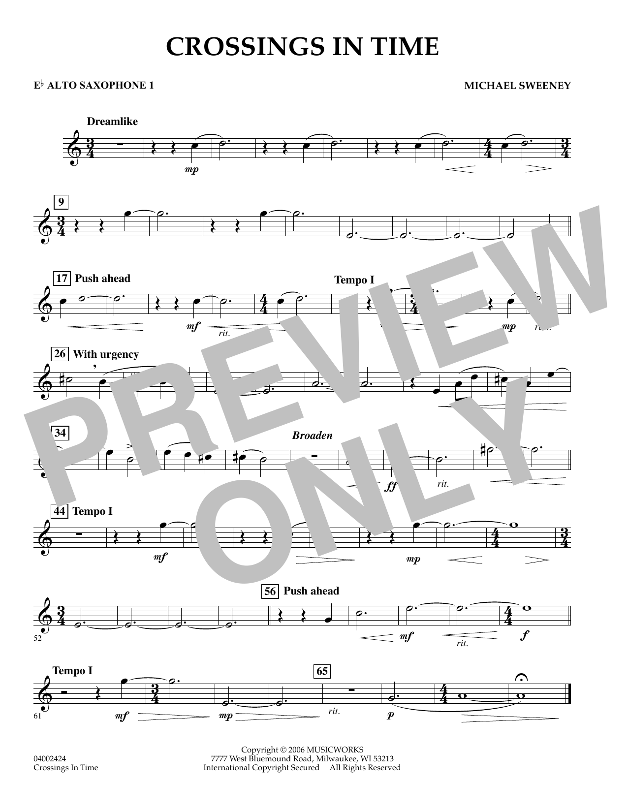 Learn to play Michael Sweeney Crossings In Time - Eb Alto Saxophone 1 sheet music for Concert Band in minutes. Michael Sweeney Crossings In Time - Eb Alto Saxophone 1 sheet music preview music notes and score for Concert Band including 1 page(s)