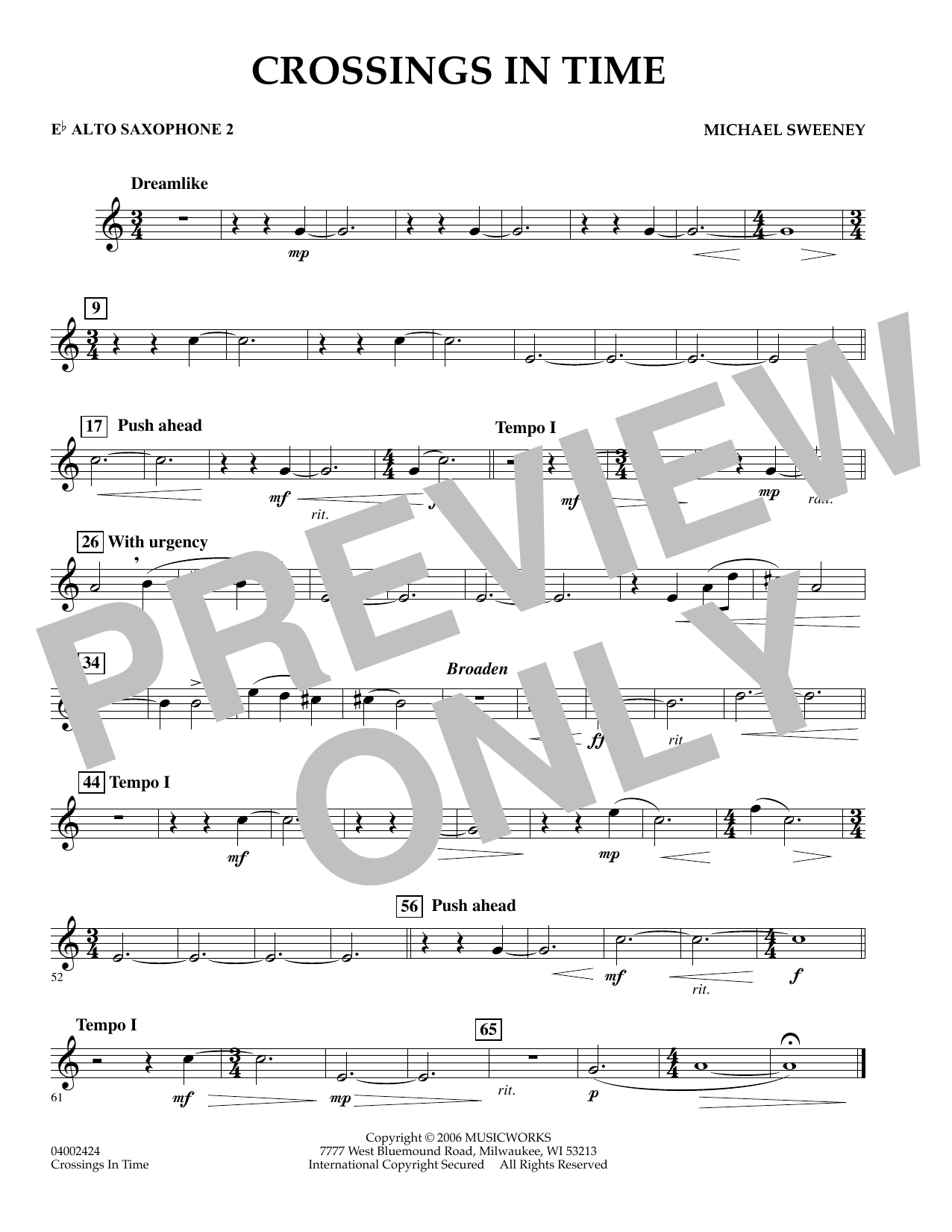 Learn to play Michael Sweeney Crossings In Time - Eb Alto Saxophone 2 sheet music for Concert Band in minutes. Michael Sweeney Crossings In Time - Eb Alto Saxophone 2 sheet music preview music notes and score for Concert Band including 1 page(s)
