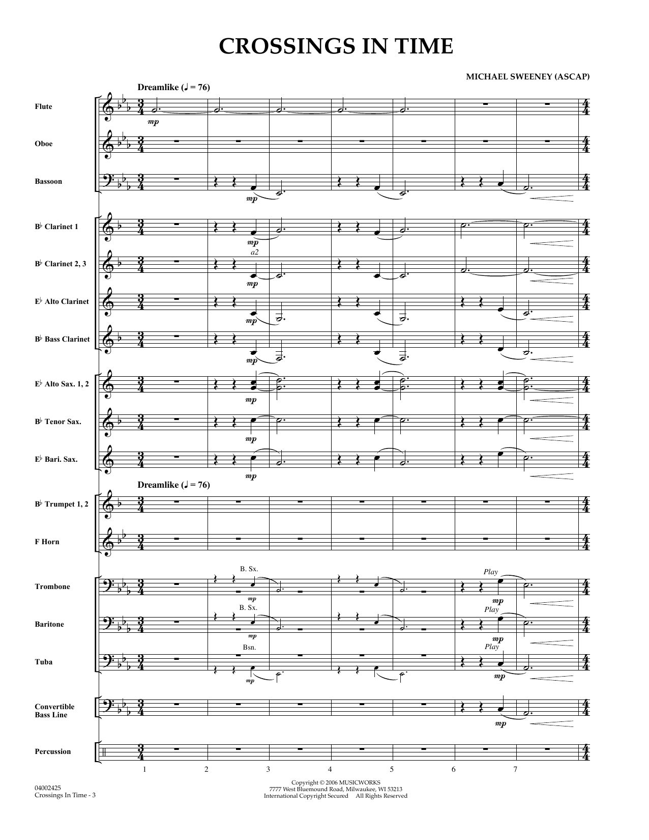Learn to play Michael Sweeney Crossings In Time - Full Score sheet music for Concert Band in minutes. Michael Sweeney Crossings In Time - Full Score sheet music preview music notes and score for Concert Band including 10 page(s)