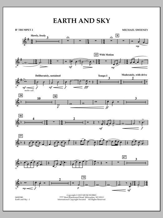 Learn to play Michael Sweeney Earth and Sky - Bb Trumpet 2 sheet music for Concert Band in minutes. Michael Sweeney Earth and Sky - Bb Trumpet 2 sheet music notes and chords